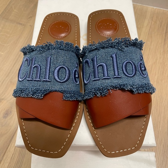 Chloe Shoes - Chloe Woody Logo Sandals in Deep Denim (size 37)